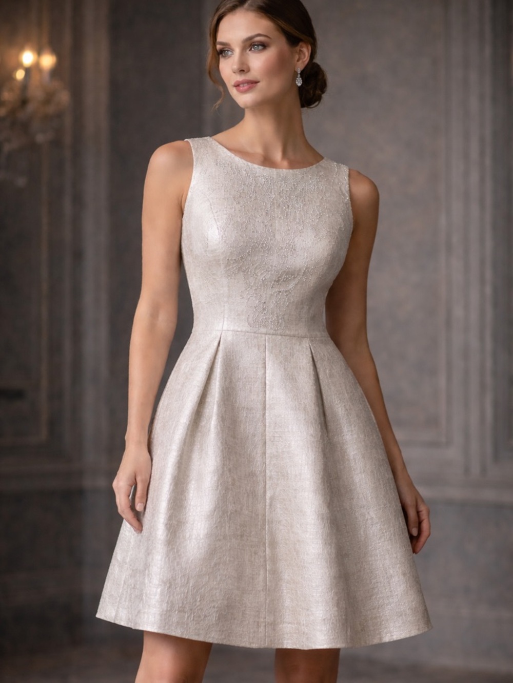 H&M Silver Jacquard Fit & Flare Dress | Metallic Occasion Mini | Size 12